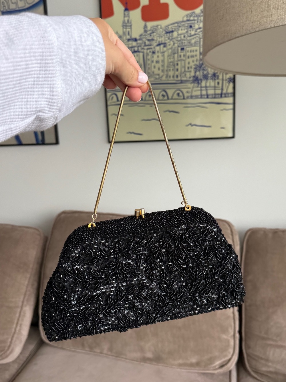 Vintage Black Beaded Hand Made in Hong Kong Clutch Beaded